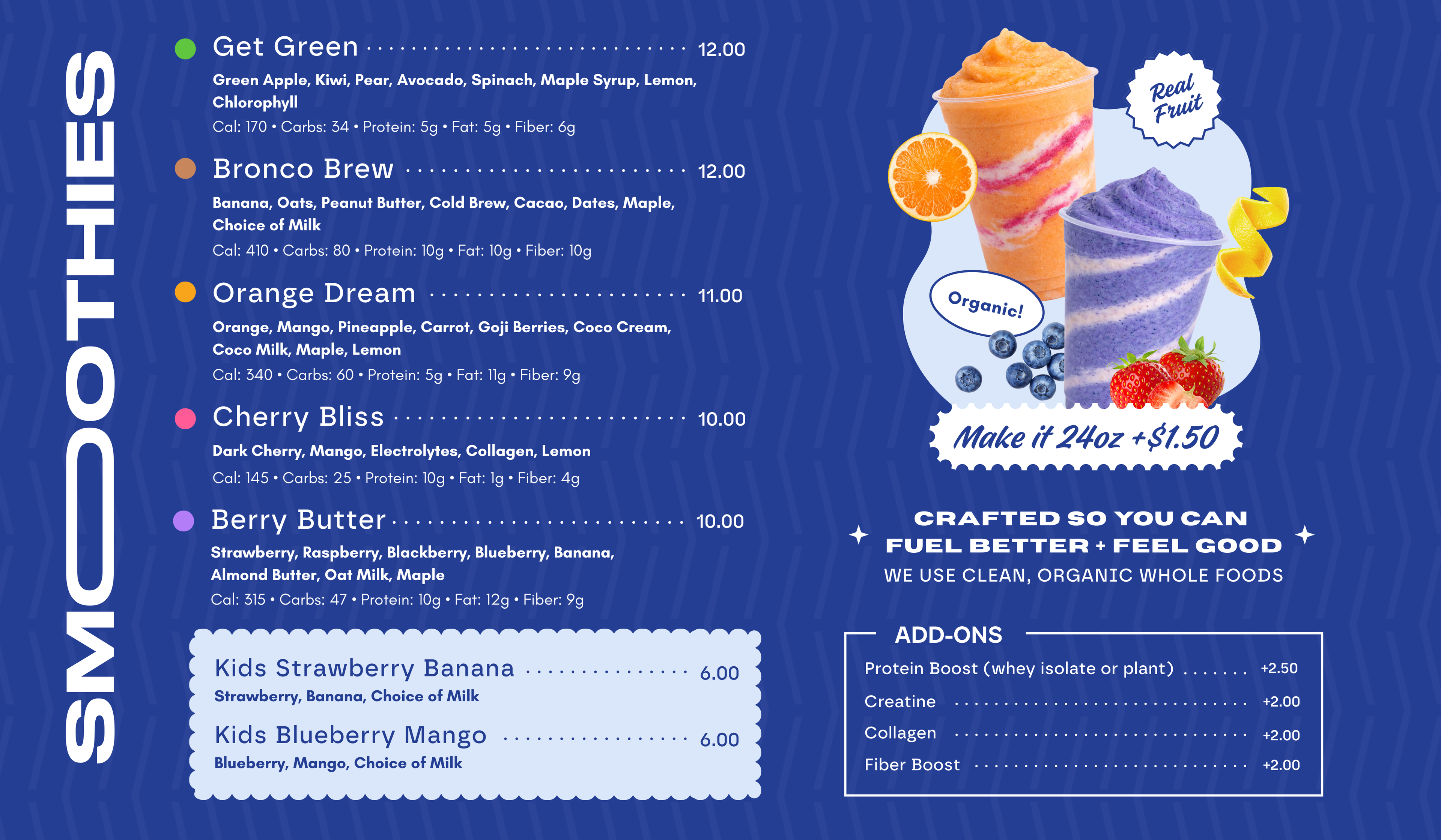 Menu for smoothie flavors with prices on a blue background
